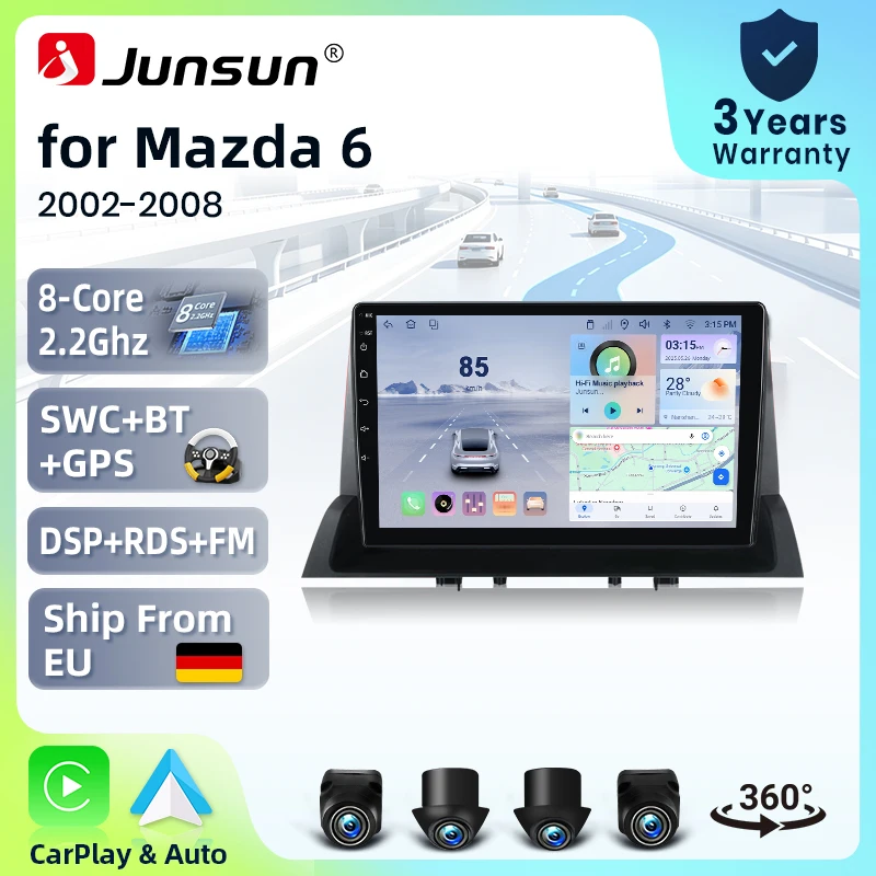 Systèmes stéréo intelligents Android 15 Junsun 9 pouces pour Mazda 6 gg 2002-2008, caméra 360°, autoradio, CarPlay sans fil, commande vocale AI, écran tactile IPS, lecteur multimédia intelligent, unité principale 2 Din, GPS, Mirror Link, Bluetooth, 4G, WIFI, 8 cœurs, RDS, DSP