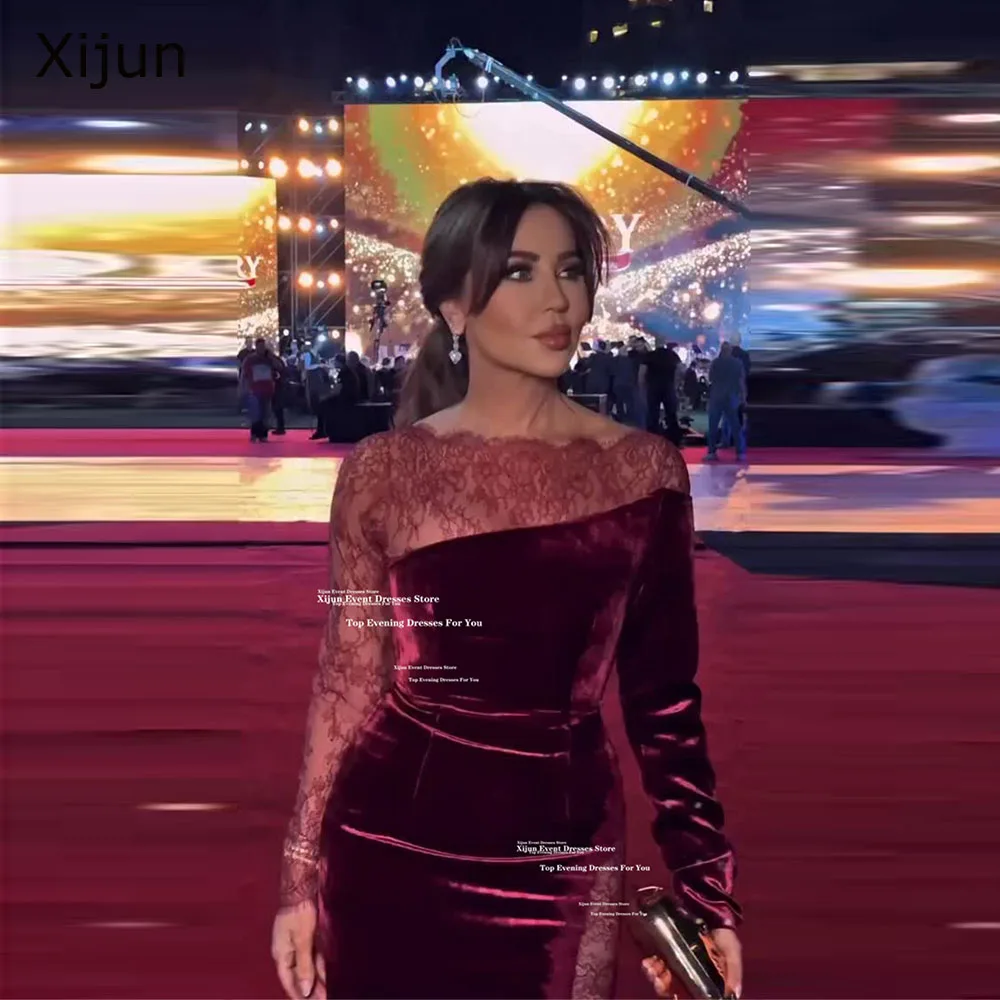 

Xijun Luxury Burgundy Velvet Evening Dresses Lace Long Sleeves Mermaid Formal Prom Dresses 2026 Dubai Prom Gown Women Customized