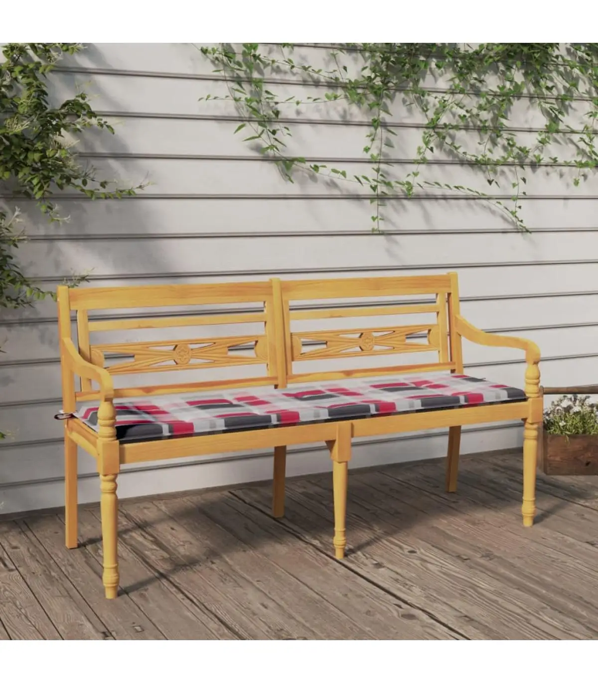 Garden benches Batavia with cushion pattern Red Plaid teak wood 150 cm