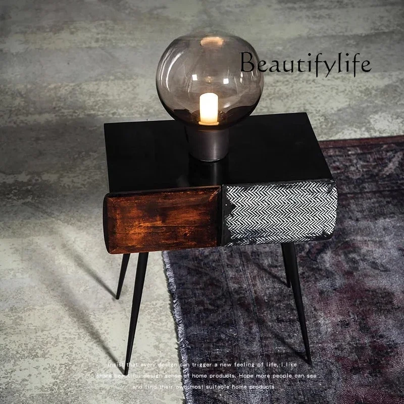 

solid wood old block bedside table hotel villa bedroom Modern fashion retro light luxury design
