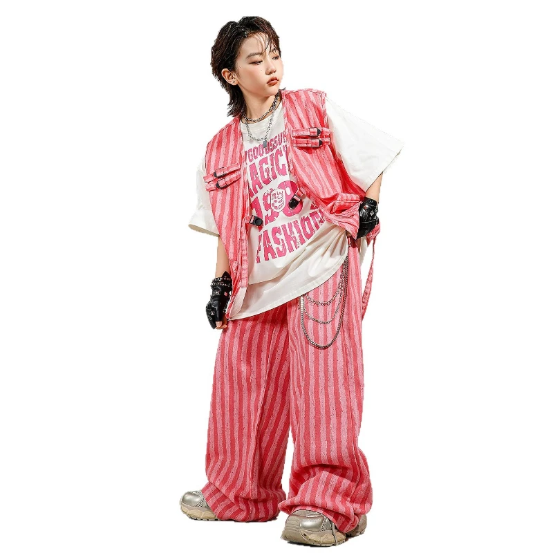 Ragazzi Hip Hop T-shirt Gilet a righe rosa Pantaloni da ballo di strada Ragazze Costumi K-pop Bambini Adolescenti Set di vestiti jazz Bambini Streetwear