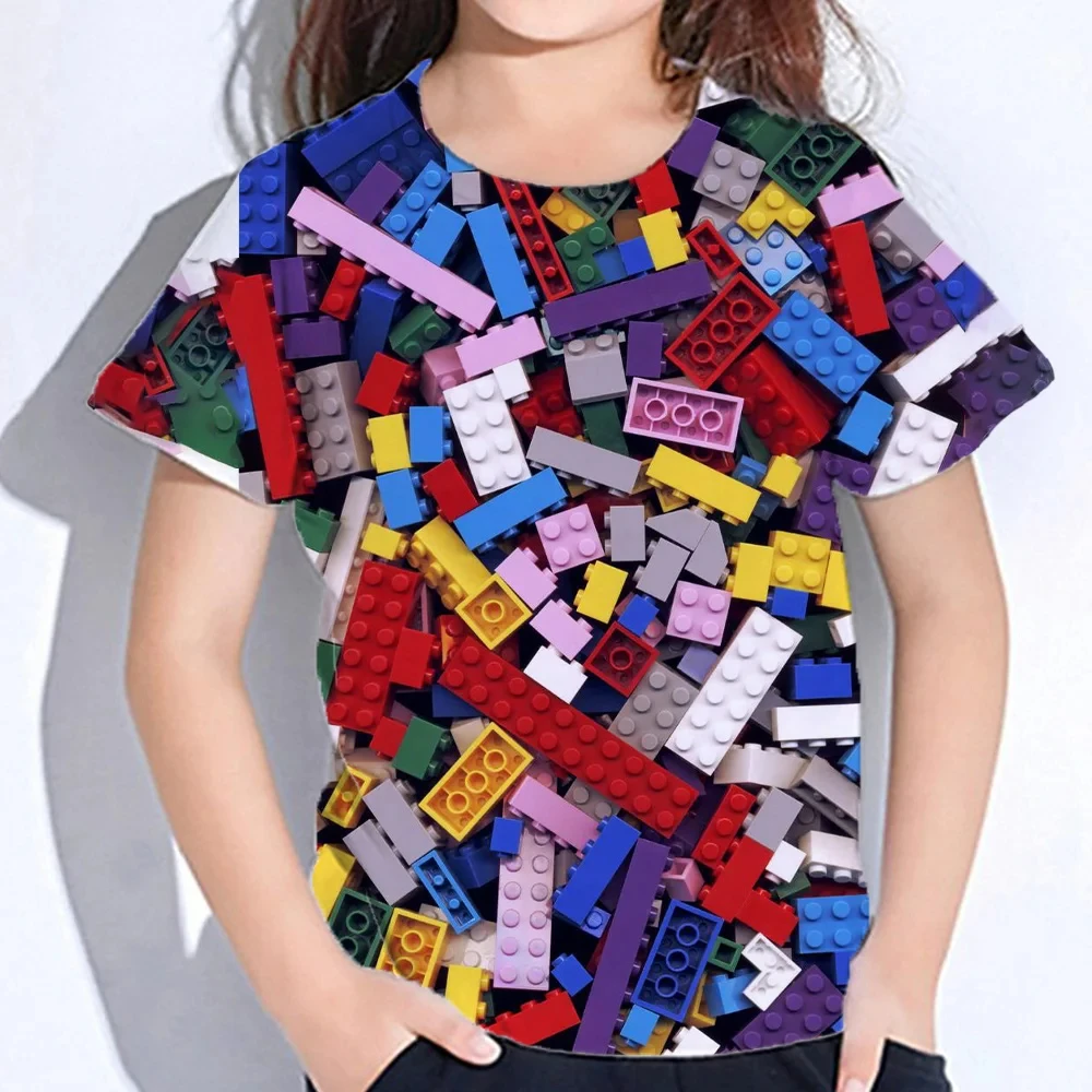 T-Shirts Game Block Patterns 3D Printed Streetwear Boys Girls Fashion Oversized Short Sleeve T Shirt Kids Tees Tops Clothing