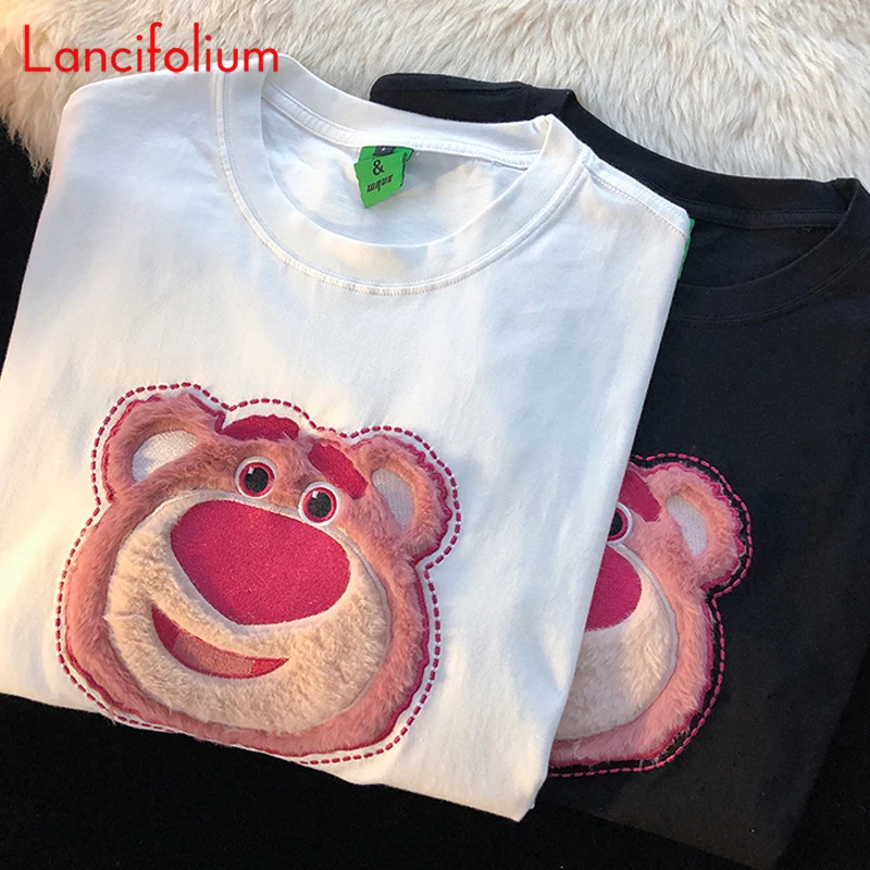 Kawaii Cartoon Tee Flock Embroidery Pink Bear Letter Short Sleeve Oneck BF Korean T Shirt Summer Cute Couple White Tshirts Top