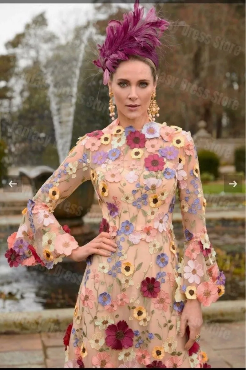 2023 Elegant High Neck 3D Printed Decal Formal Occasion Evening Dresses Long Sleeve Flower A-line Porm Dresses Custom Made