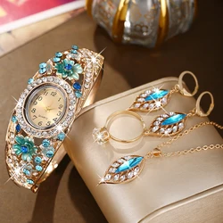 5pcs new trendy women's palace style 3D flower inlaid diamond trendy versatile bracelet watch