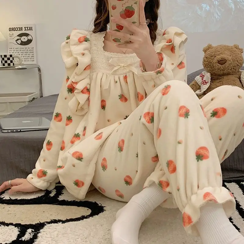 Women's Coral Fleece Pajama Set Long Sleeve Winter Warm Sleepwear Cozy Comfortable Flannel Loungewear Homewear Autumn Fashion