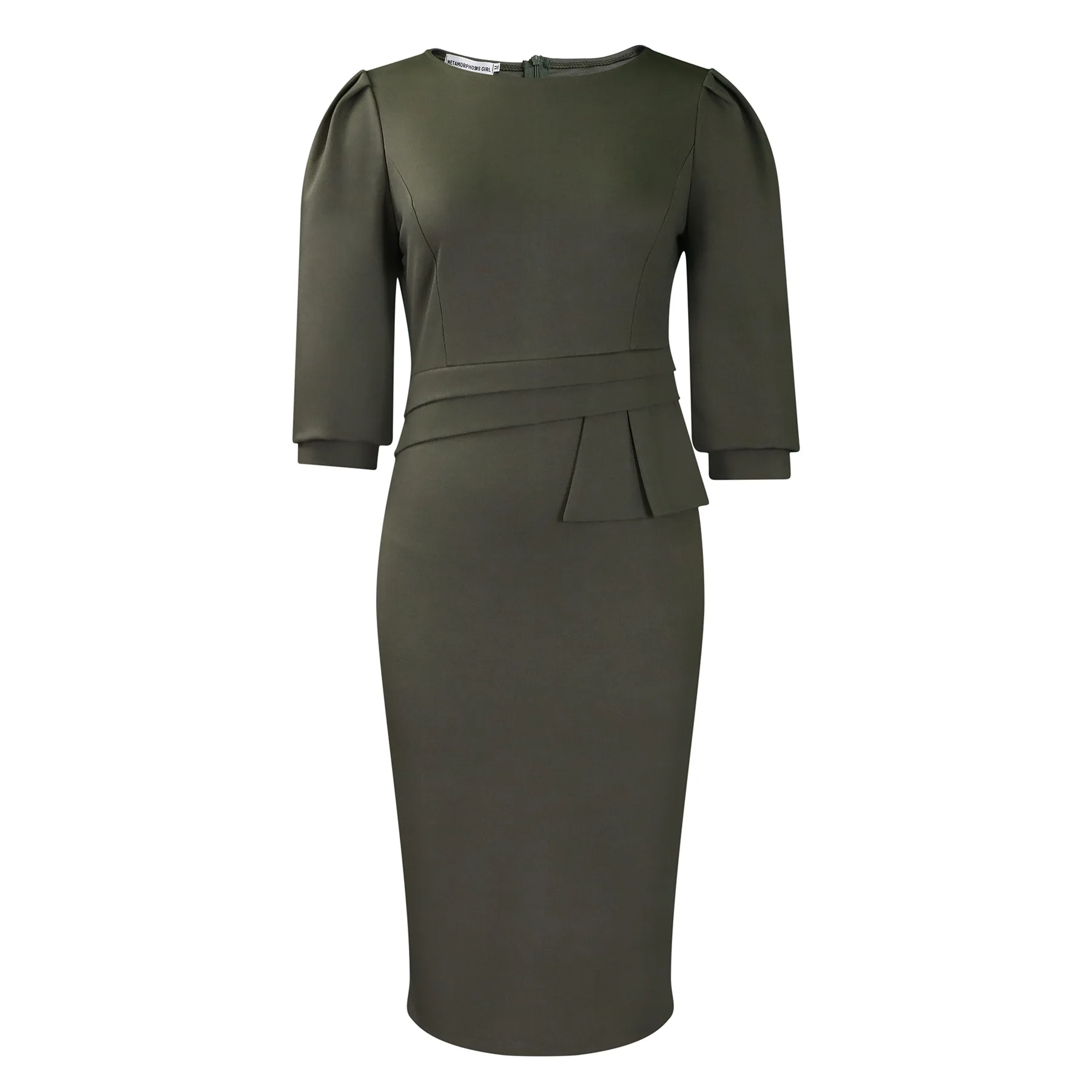 New Elegant Office Dresses for Women Fashion OL Commute Midi Dress O Neck Half Sleeve Slim Wrap Hip Formal Business Pencil Dress