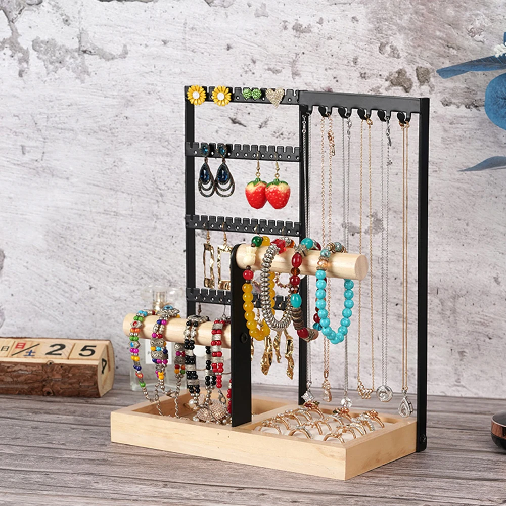 

Jewelry Organizer Stand with Wooden Base Jewelry Holder Hanger Multifunctional with Hooks for Bracelets Earrings Rings Watches