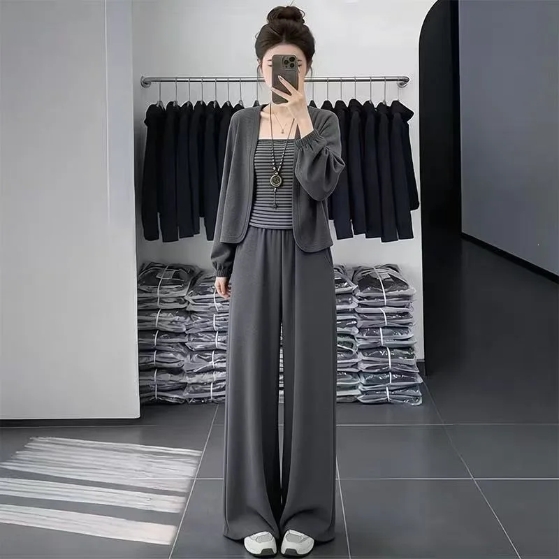 Early Spring Women's Striped Lazy Tank Top Cardigan Slim Wide Leg Pants Three Piece Set Casual Sportswear Sweet  Style