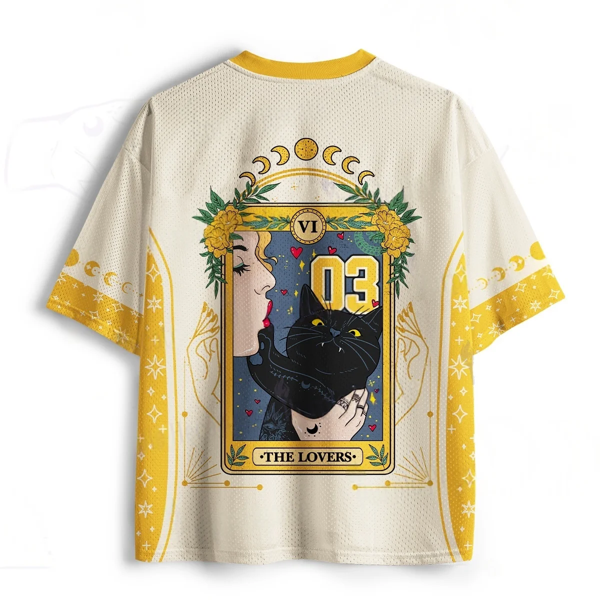 Couple Tarot Card Black Cat 03 Jersey Mystery Moon Print Yellow White Mesh V-neck T-shirt Adult and Children's Top