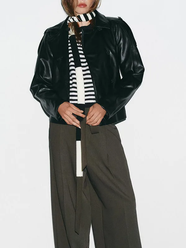 

Faionable Versatile ort Leather-look Long Sve Осеннее пальто с отложным воротником для женщин Ele Sli Ladies' Jaet