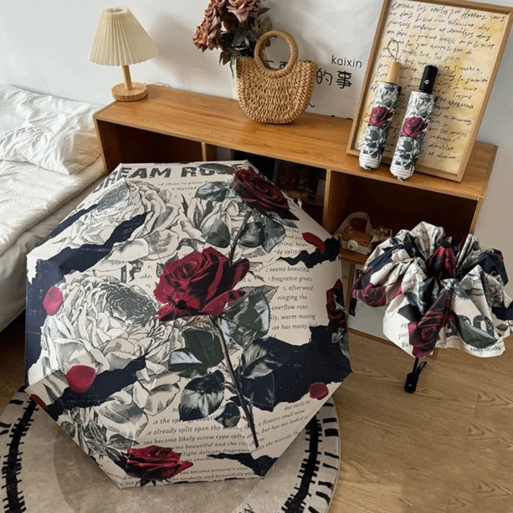 

Rose Pattern Automatic Umbrella Three Folding Portable Folding Umbrella Reinforced Frame Lightweight Windproof Umbrella