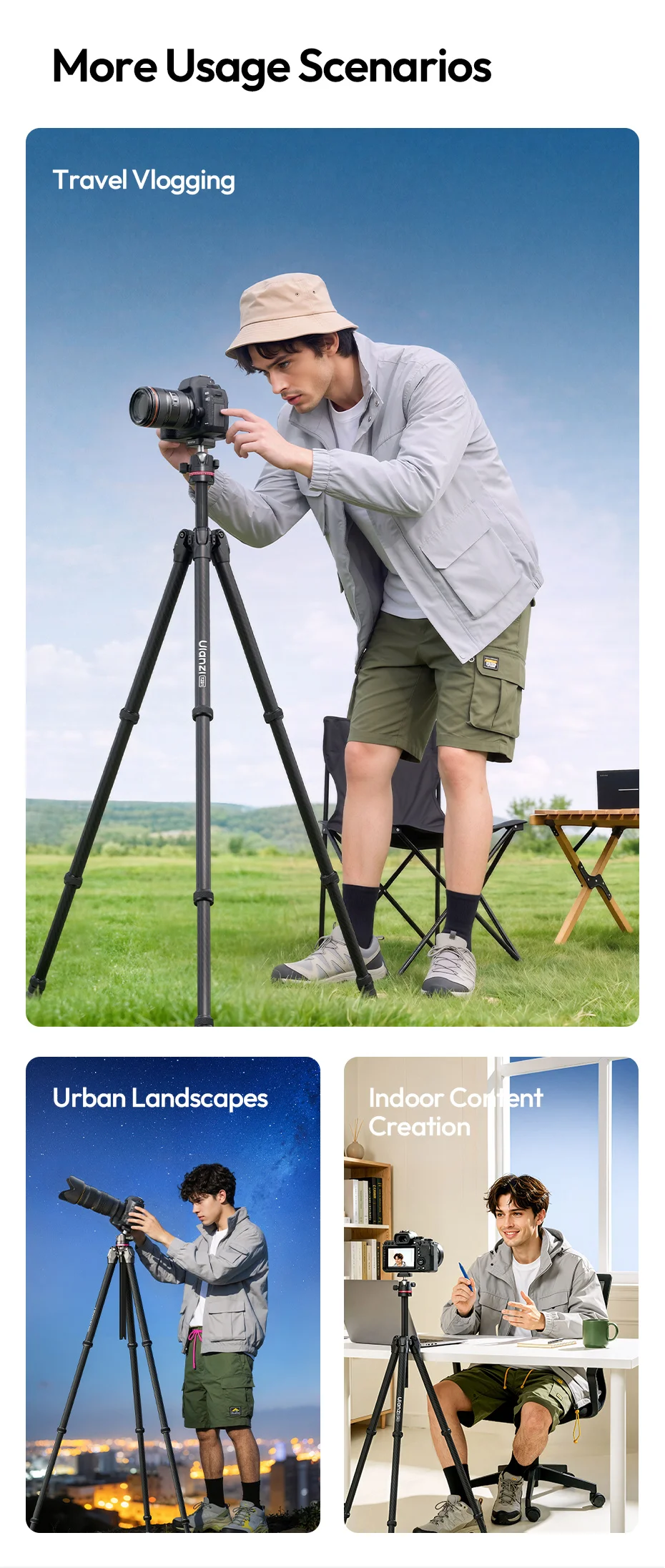 Ulanzi TZ01 Vielseitiges 2-in-1 Carbonfaser-Stativ Max. 1,6M Stativ mit Mini-Stativsäule für DSLR-Kamera für Outdoor-Reiseaufnahmen – Detail 12