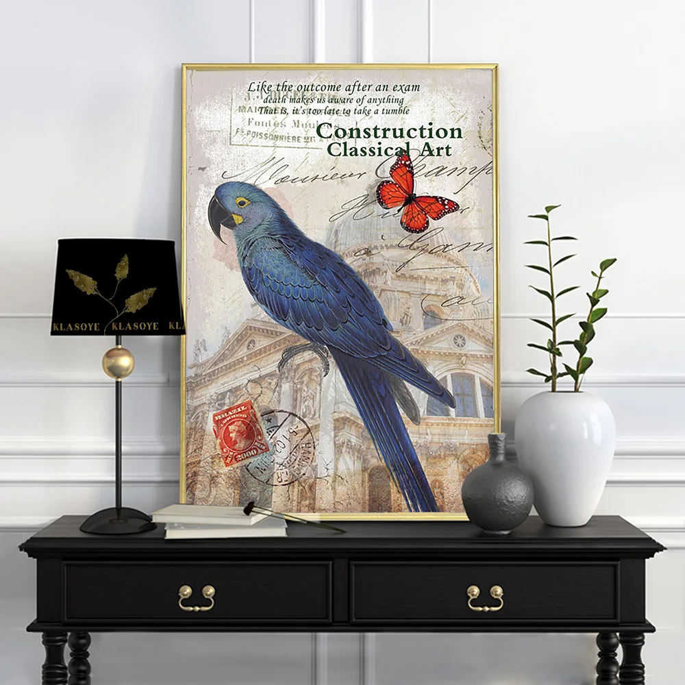Vintage Stamp Style Art Print Poster Flower Bird Building High Heel Wall Picture Retro Canvas Painting Decor
