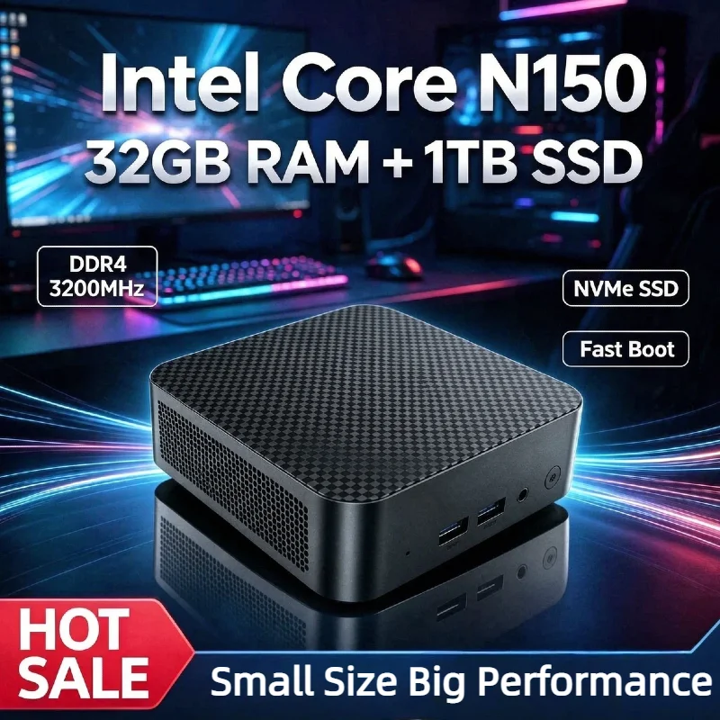 N150 Intel 2026 Portable Mini PC 16GB DDR4 512GB NVMe SSD Triple 4K 60Hz WiFi6 BT5.2 Silent Cooling Desktop Home Office Study