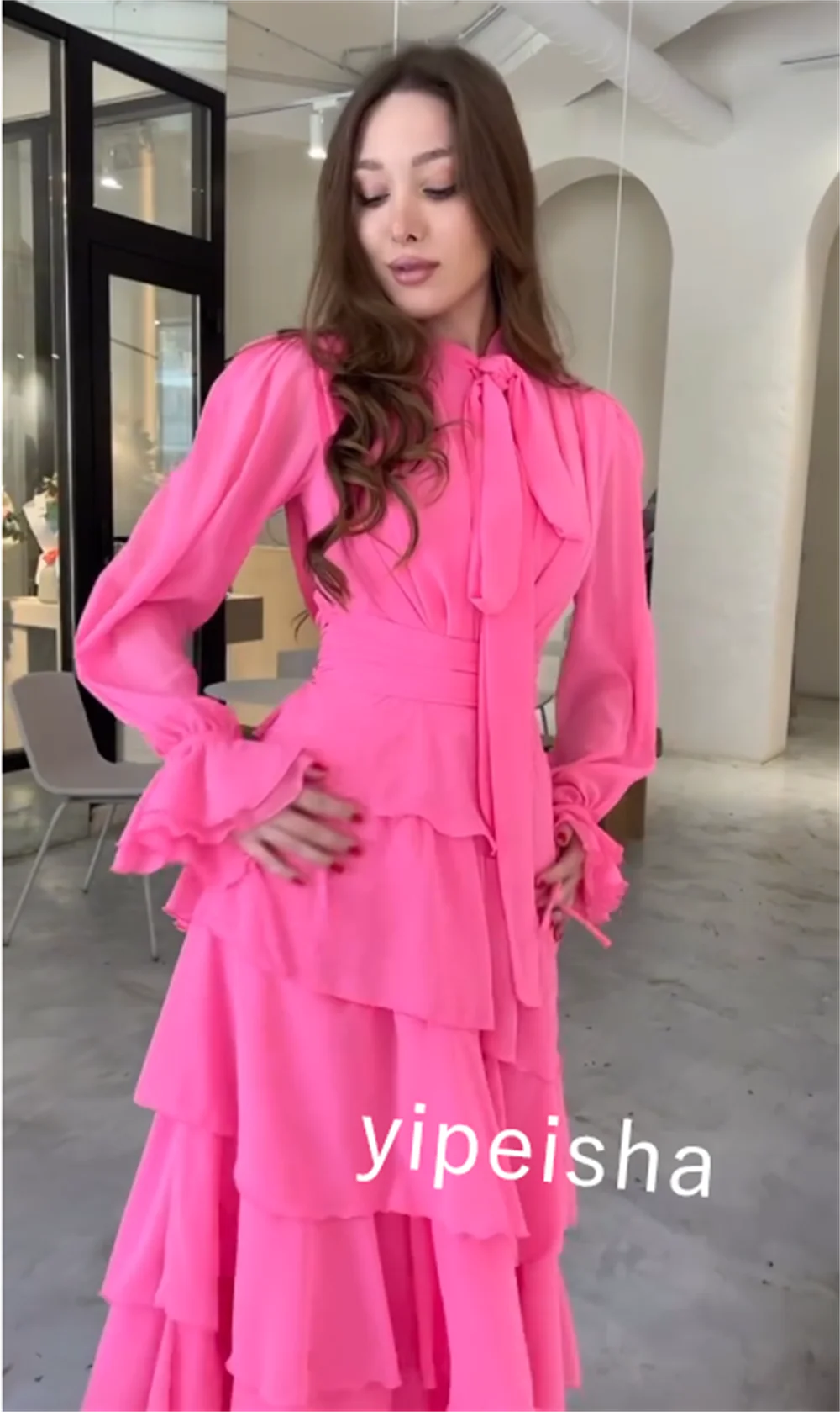 Customized Chiffon Bow Tiered Birthday A-line High Collar Bespoke Occasion Gown Midi Dresses