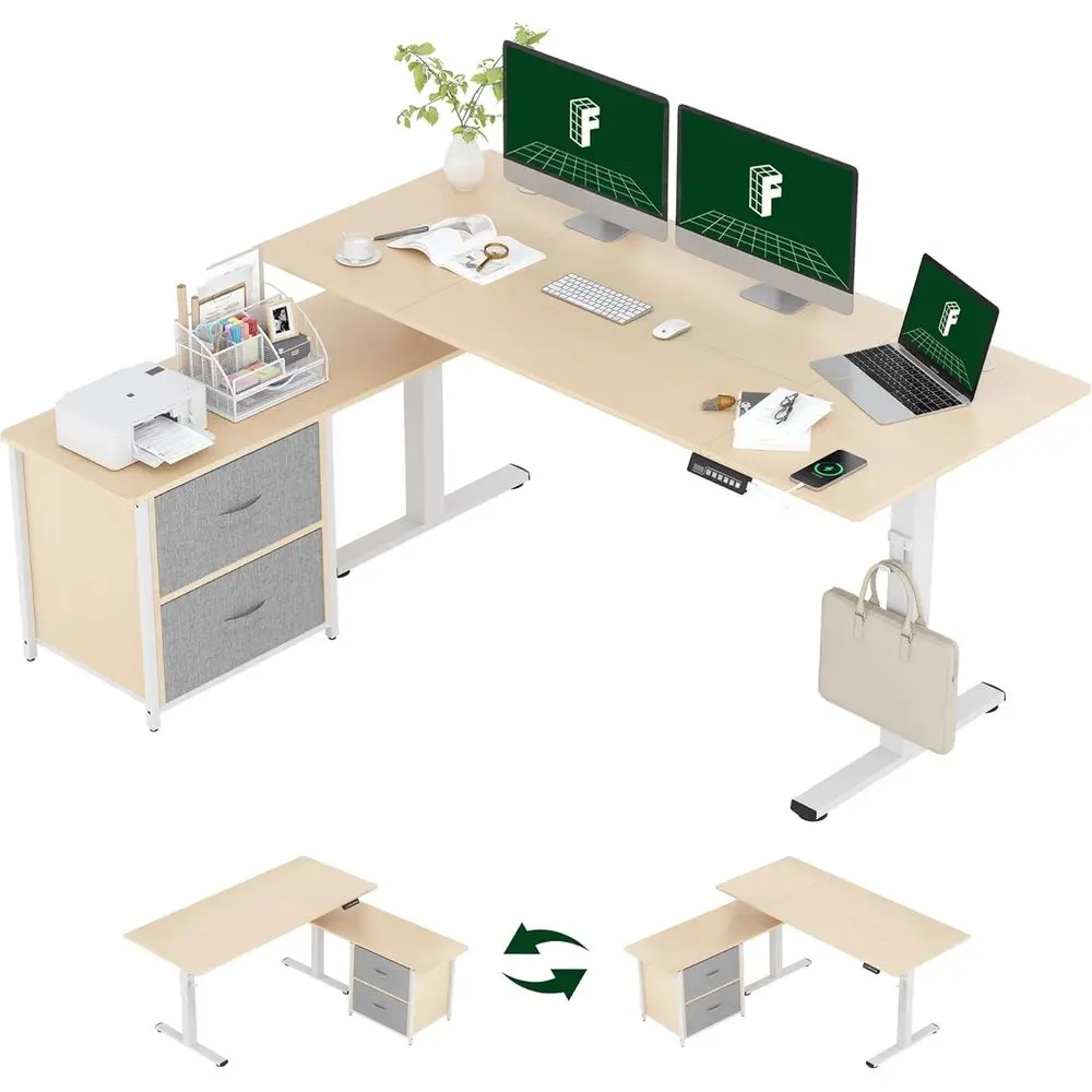 

Большой L-образный двусторонний стол на 63 предмета с ящиками и полками, идеально подходит для дома или офиса, столешница с имитацией светлой древесины, белый цвет