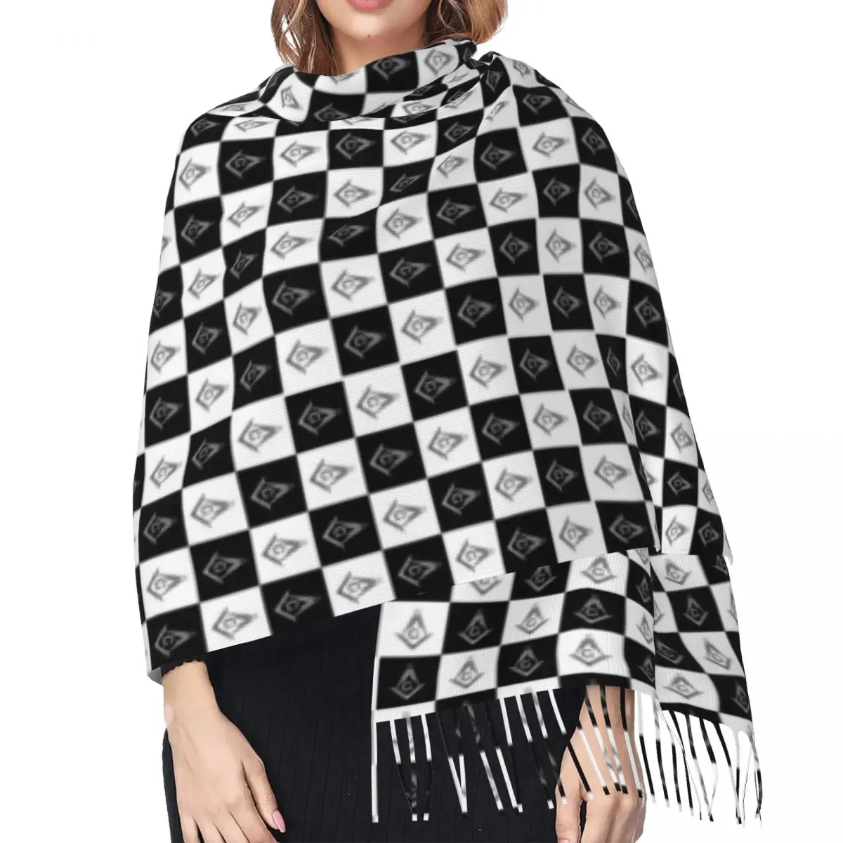 Freemason Checkered Black And White Pattern Tassel Scarf Soft Masonic Mason Shawl Wrap Female Winter Fashion Versatile Scarves