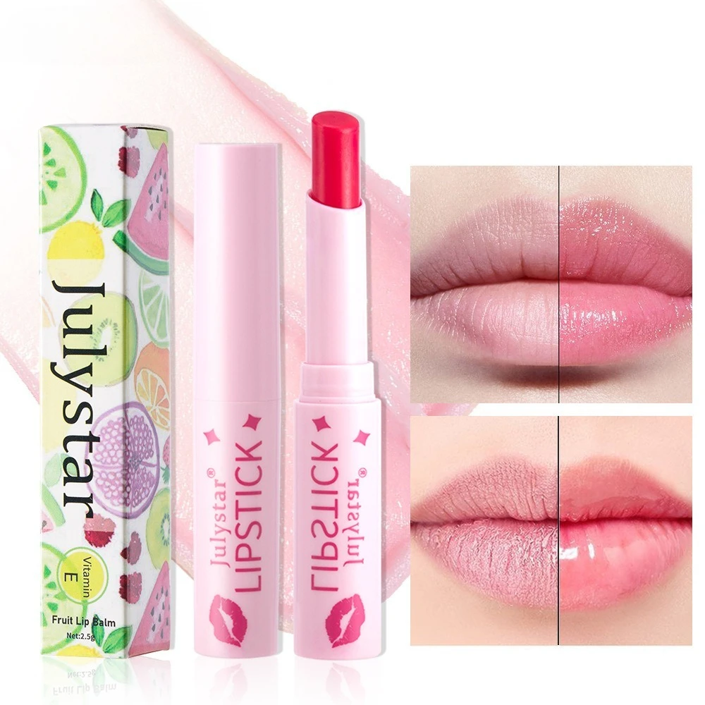 Balsamo per labbra che cambia colore caldo Sapore di frutta Vitamina E Infuso Cura idratante Finitura lucida non appiccicosa per labbra secche Uso quotidiano