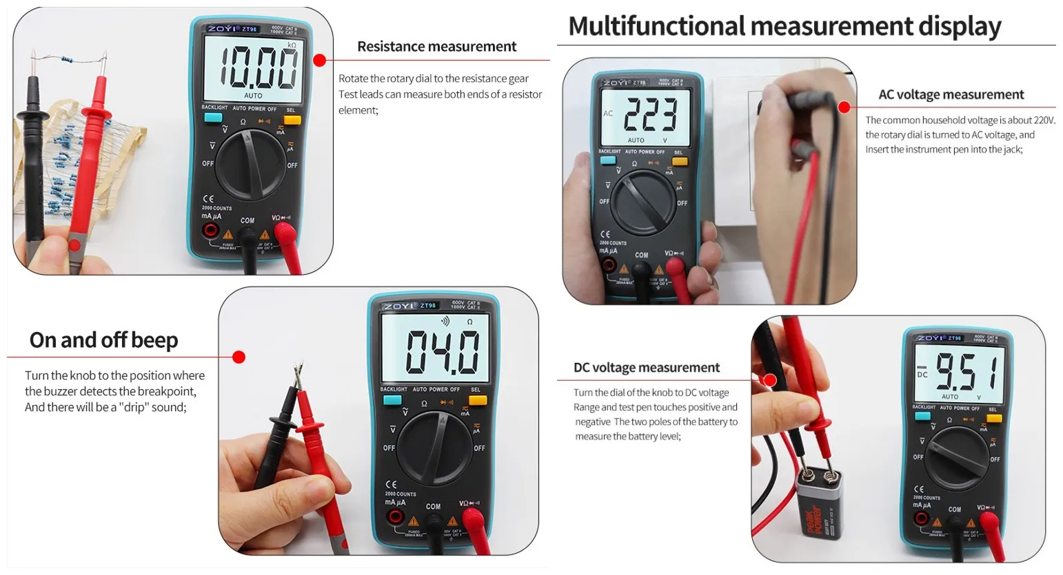 Imagem -04 - Zoyi-multímetro Digital Amperímetro Voltímetro Freqüência de Resistência Backlight Meter Tensão Diodo Freqüência Zt98 Zt100 Zt101 Zt102