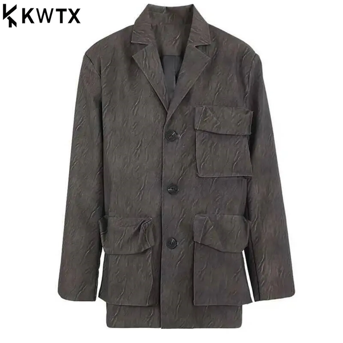 

KWTX 2025 женский серый блейзер из искусственной кожи с карманами большого размера для женщин, новый свободный крой с лацканами и длинными рукавами, модная весна-осень