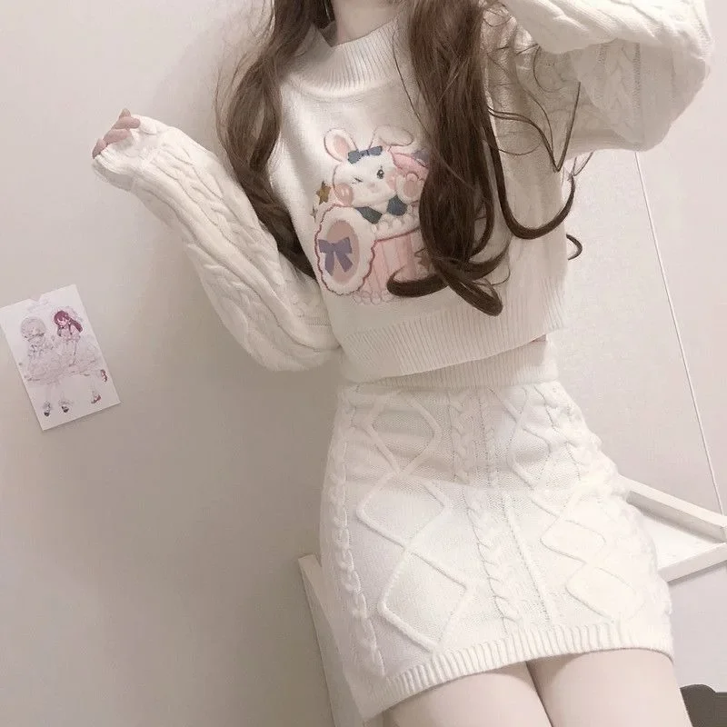 Kawaii Japanese Style Beige Knitted Set Women Threaded Long Sleeve Sweater Short Tops and High Waist Mini Package Hip Skirt Suit