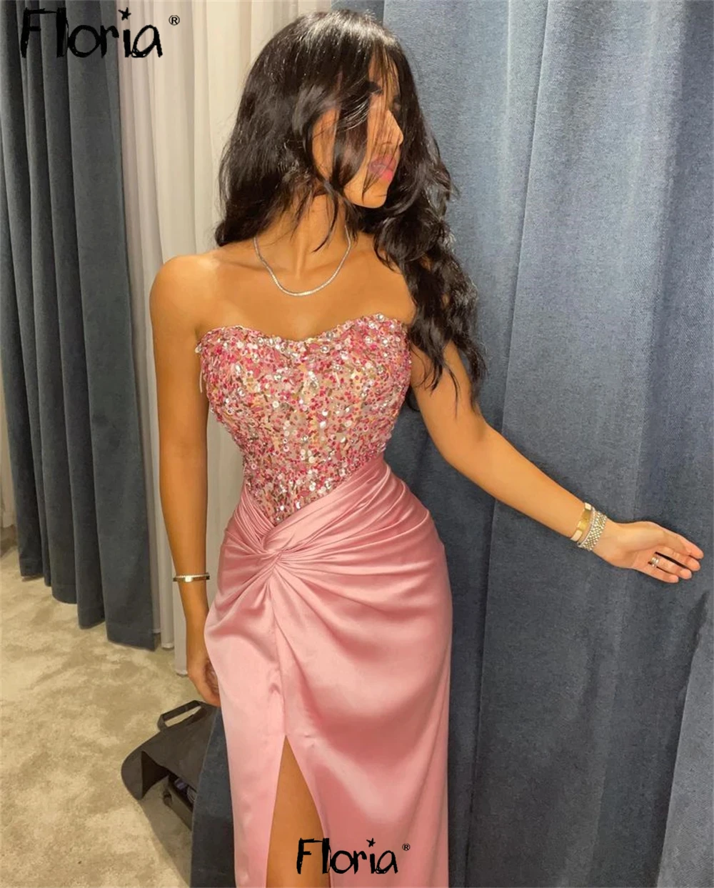 Floria Coral Pink Side Split Party Dress Beaded Stones Sweetheart Midi Long Cocktail Night Gowns Bride Guest Prom Gowns 2024