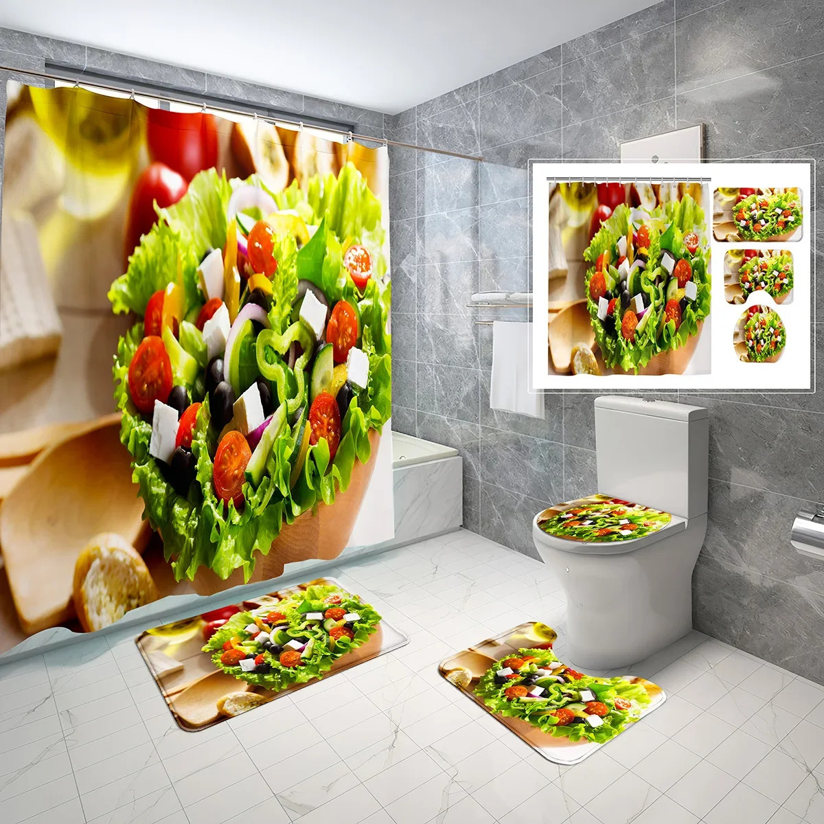 Fruit Party Shower Curtain Set Grape Strawberry Apple 4 Pcs Shower Curtain Bathroom Non-Slip Bath Mat Toilet Cover Curtain Set