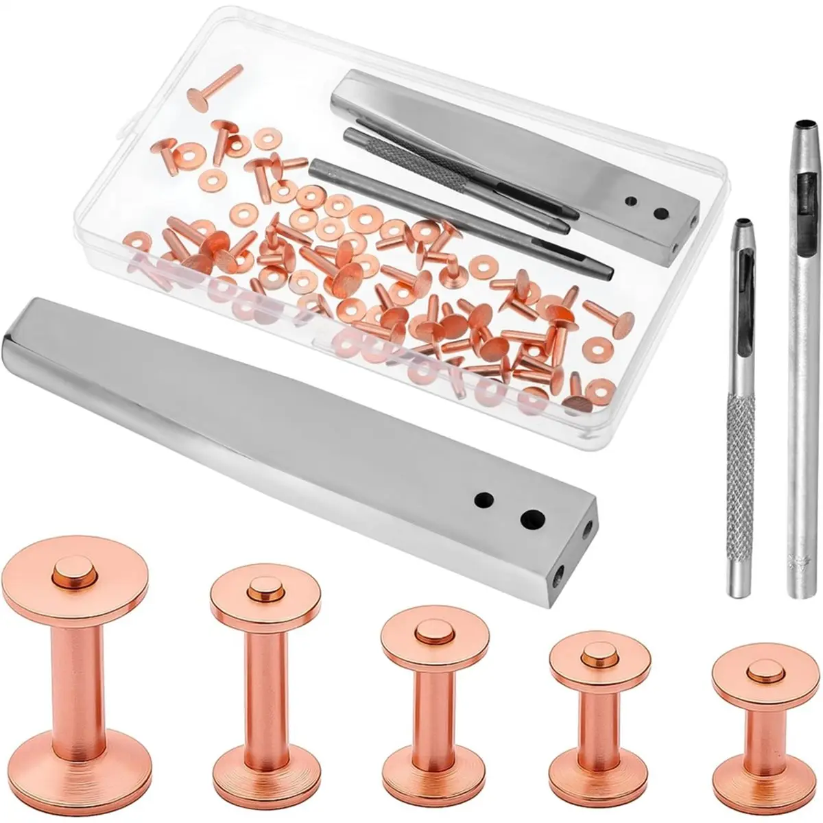 Y17A 103 PCS Copper Rivets and Burrs, Leather Rivets Fastener Install Setting Tool, Copper Rivet and Burr Washers for Leather