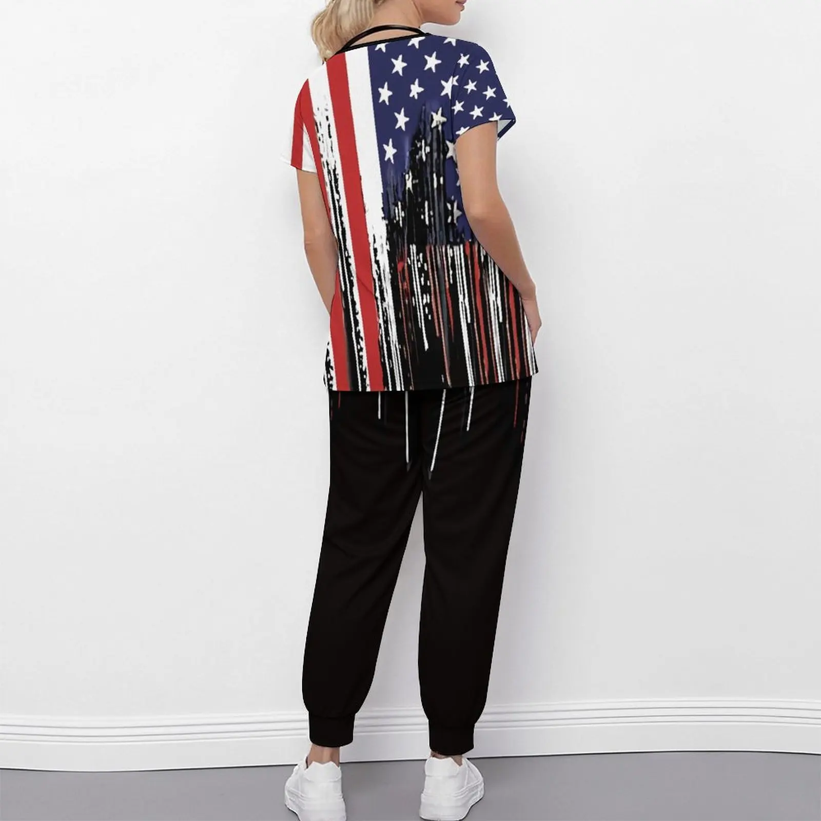 Plus Size Fashion Print Two Piece Set for Women Exercise V-Neck T-shirt Casual Commuting Jogging Pants