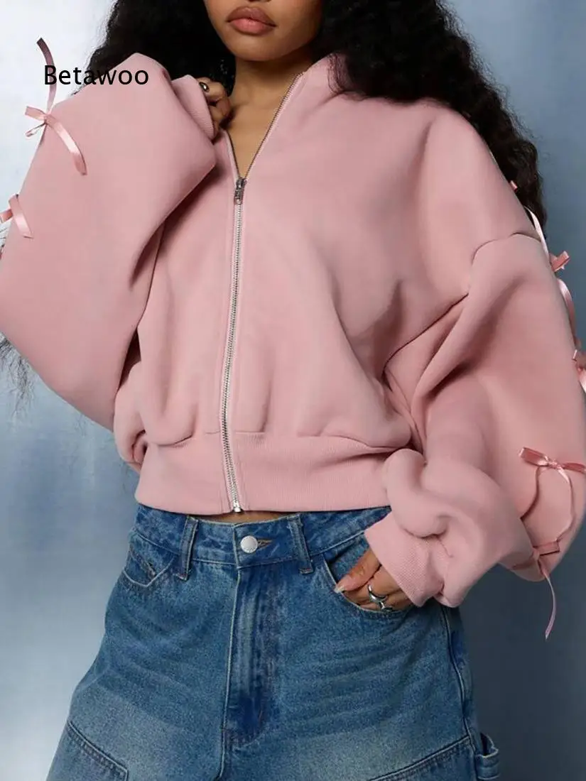 Women Short Fleece Lined Hooded Loose Outerwear With Bow Decor Long Sleeve Sweatshirt Coat For Autumn Winter Sports Daily Casual