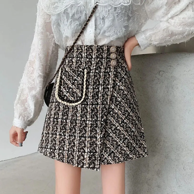 

Small Fragrance Plaid Skirt Women's Autumn Winter New High Waist Woolen A-Word Skirt Irregular Slim Hip Fashion Temperament Skir