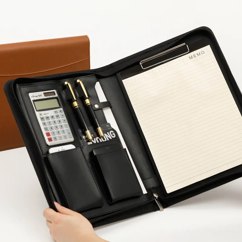 Carpeta portafolio de cuero A4 multifuncional para organizador de documentos, bolso con cremallera, carpeta de escritura ejecutiva para hombre,