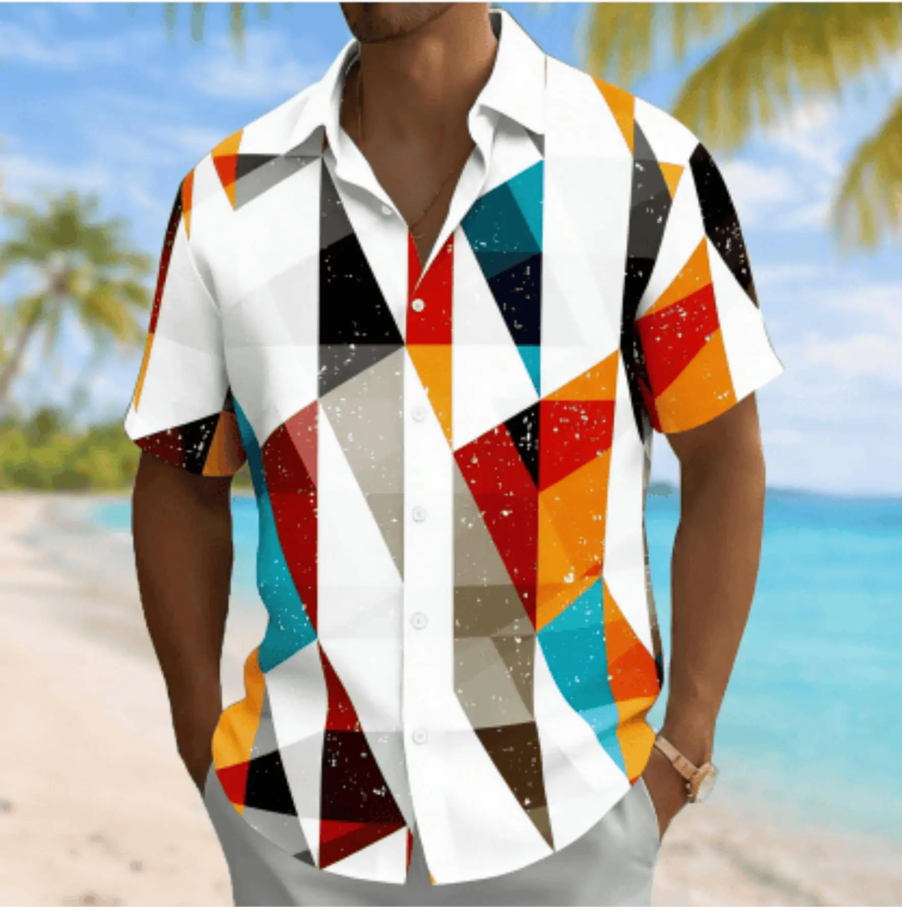 Men's Colorful Shirts Triangle Geometric Splatter Print Short Sleeve Button Down Shirt Summer Beach Mens Top