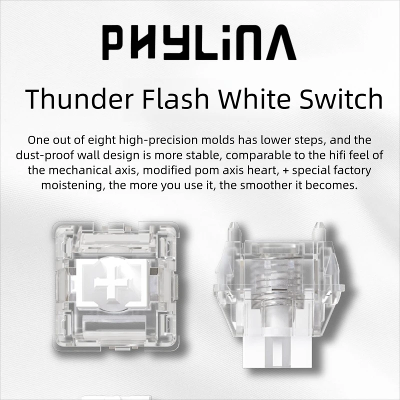 PHYLINA ThunderFlash مفاتيح مغناطيسية بيضاء - لوحات مفاتيح ألعاب RGB خطية مسبقة التشحيم سعة 35 جرامًا، تصميم شفاف مع قانون قابل للتعديل
