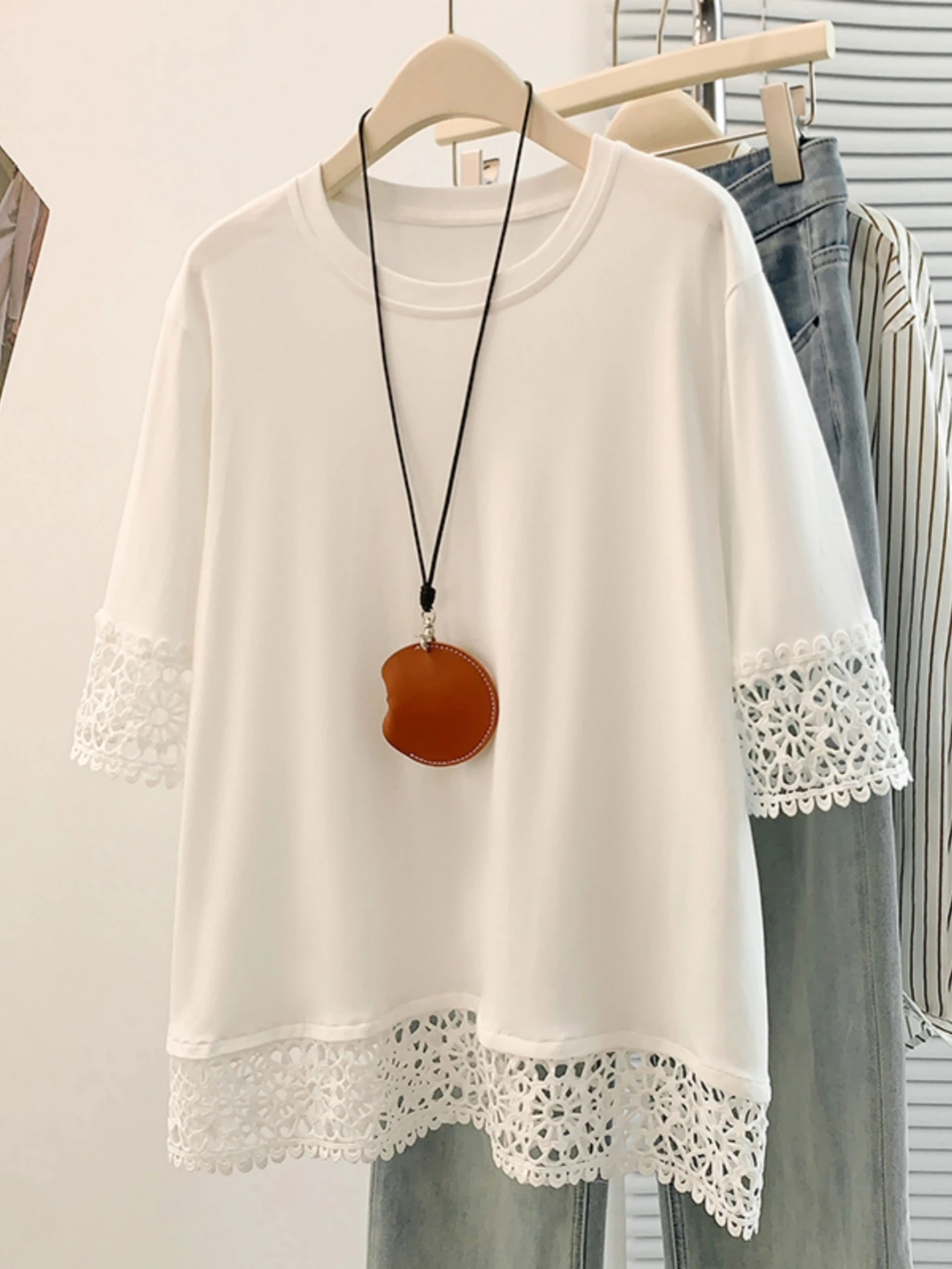 Slimming Large Size Women's T-Shirt Summer Lace Hollow out Loose Belly Covering Base Shirt Korean Style Commute Fashion
