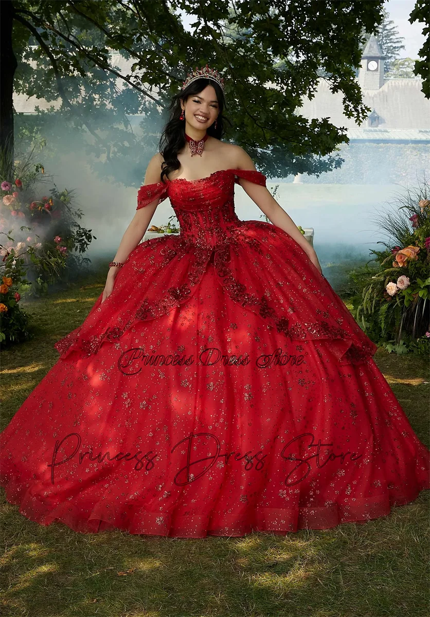 ثوب كرة لامع بالترتر ، فستان أحمر Quinceanera ، مكشوف الكتفين ، مشد كريستال مطرز ، حلو 16 ، 15 سنة