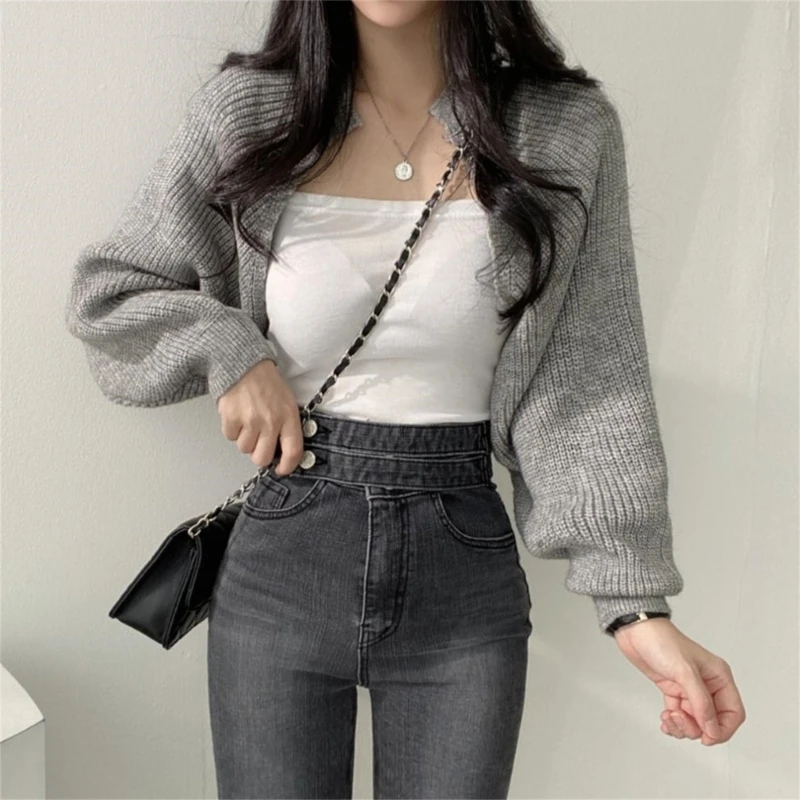 Women\'s Fall Open Front Shrugs Long Sleeve Boleros Solid Lightweight Knitted Cropped Cardigan Sweaters Short Shawl Tops