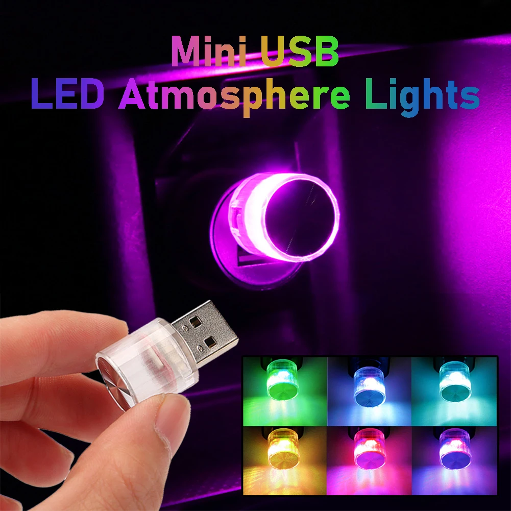 USB Car Ambient Lights Mini LED Atmosphere Lamp 8 Colors Auto Interior Decorative Light Portable Plug Play for Party