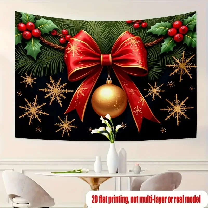 Shady golden snow room, red bow decorated with golden balls: the festive brilliance on the Christmas hanging cloth