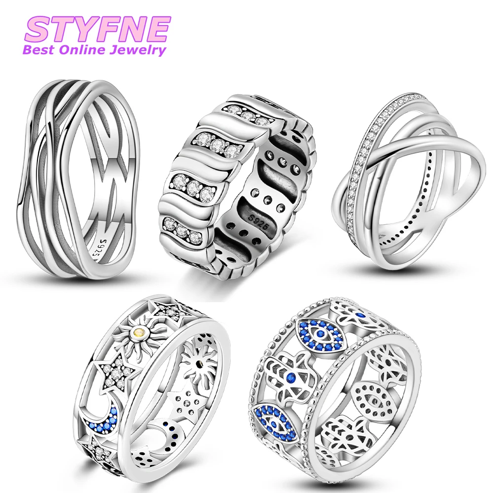 Women 925 Sterling Silver Wide Lines & Stripes & Eternal Orbit & Sun Moon Stars & Eyes Rings Anniversary Birthday Fashion Gifts