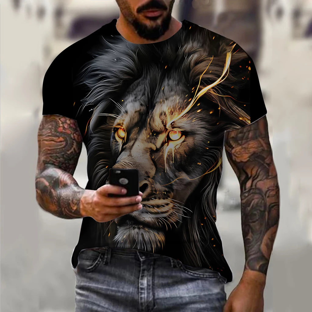 Men's T-shirt Fashion Dark Gold Totem Lion pattern 3d Printed T Shirt 2024 New Animal Short-sleeved Streetwear Summer Men's Tops image 3