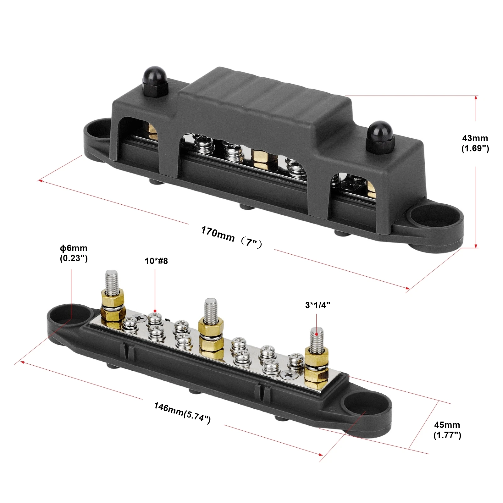 Power Distribution terminal block 250A Terminals Bus Bar 12v M6 M8 Battery Positive Negative Busbar Stud for Camper RV Boat