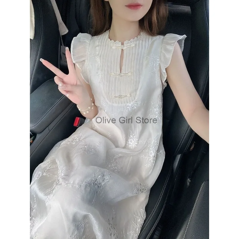 

Chinese Dress Exquisite Jacquard Embroidered Dress Y2K Elegant Gentle Small Flying Sleeves Long Women Clothing Beach Streetwear