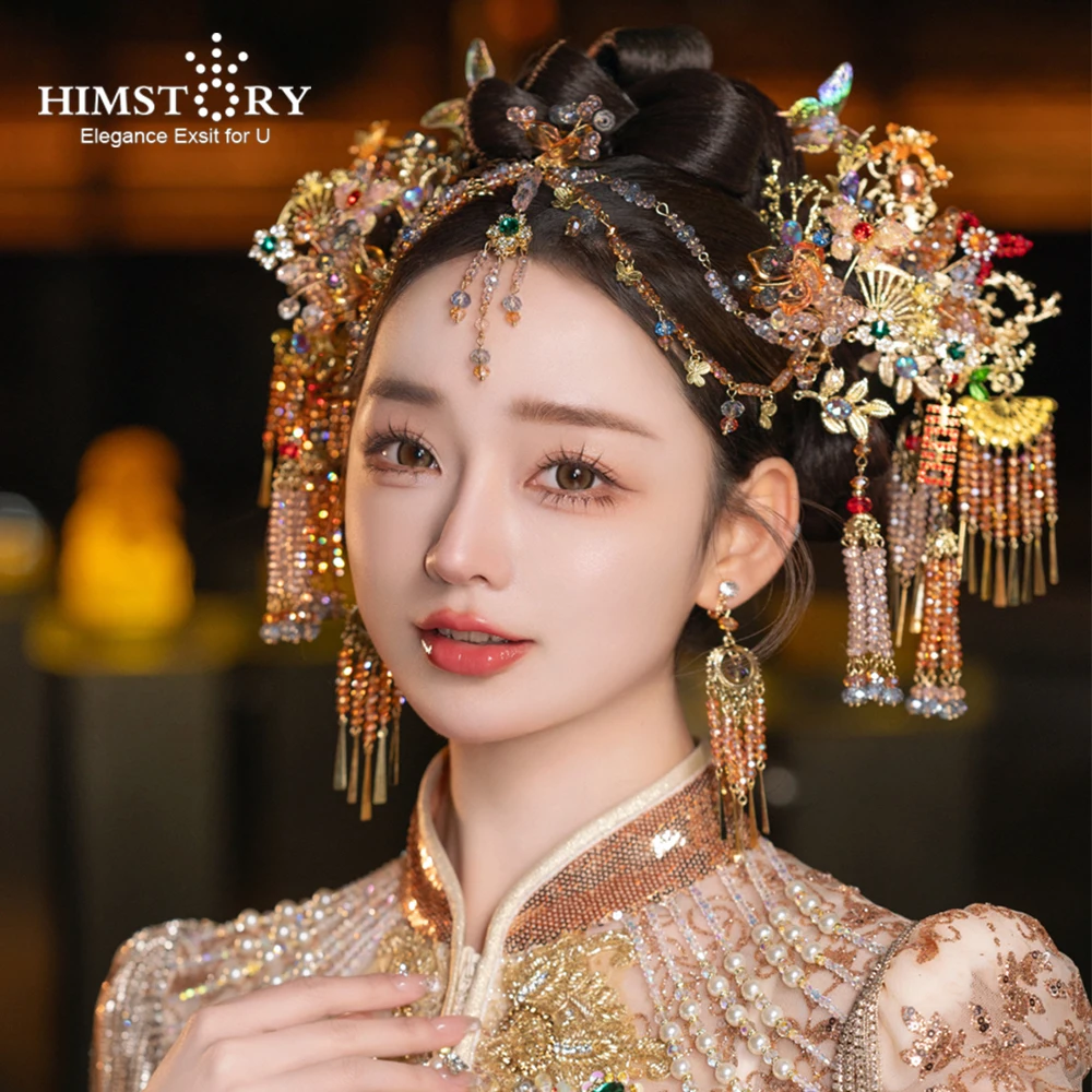 

HIMSTORY Chinese Classical Bride Xiuhe Dress Headdress Elegance Hanfu Hairpin Set Flower Tassel Head Accessories