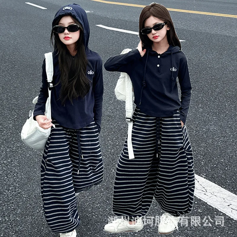 

2025 Baby Girl Two-piece Sets Letter Embroidery Hooded Sweatshirt+Striped Elastic Waist Pant Kids Girl Set 4-14Y Girl Sport Set