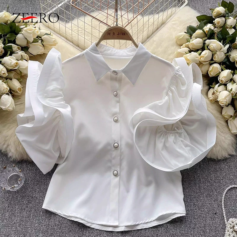 

Korean Women Summer Sweet Short Flying Sleeve Lapel Shirt Korean Stytle Female Slim Ruffles Shirts Blouse Solid Crop Top Chemise