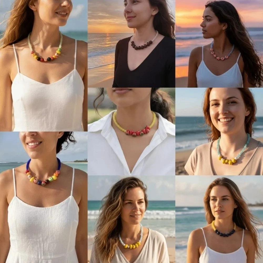 Fashion Stackable Beads Fruit Necklace Colorful Beads Blueberries Fruits Choker Lemons Cherry Bohemian Collarbone Chain Women