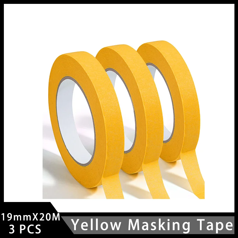 

19mm X 20 m Yellow Masking Tape 3 Rolls for DIY Projects Professional Painters and Office Use Walls Paper Wood Car Metal