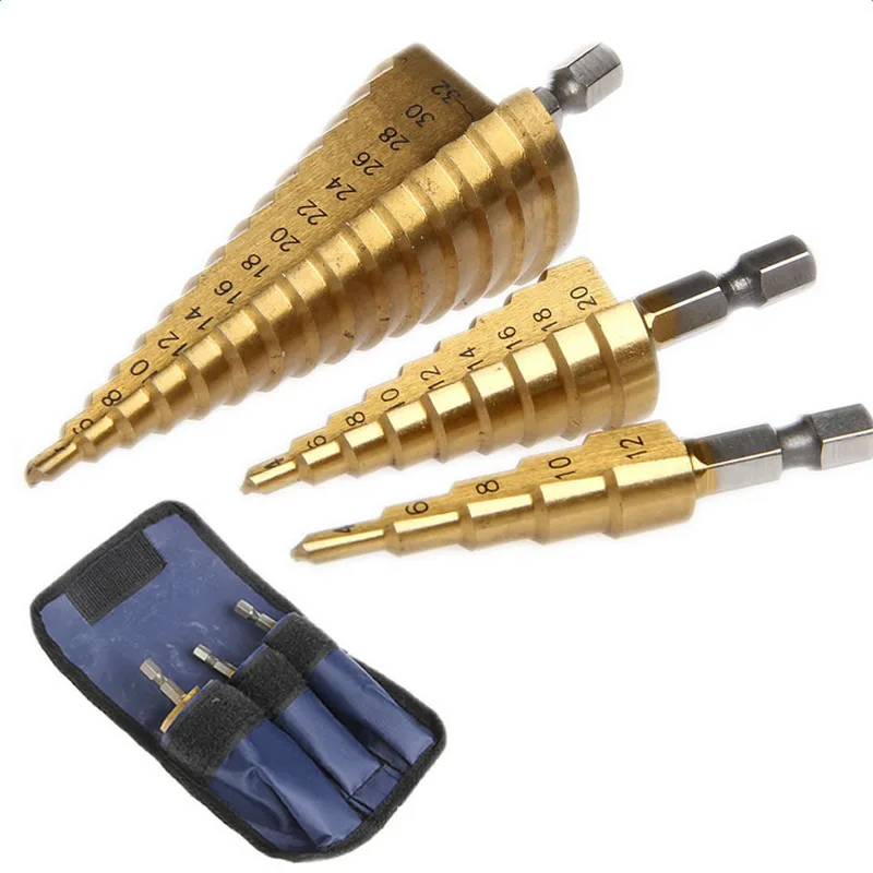 

3pc Hss step drill bit set cone hole cutter Taper metric 4 - 12 / 20 / 32mm 1 / 4 "titanium coated metal hex core drill bits